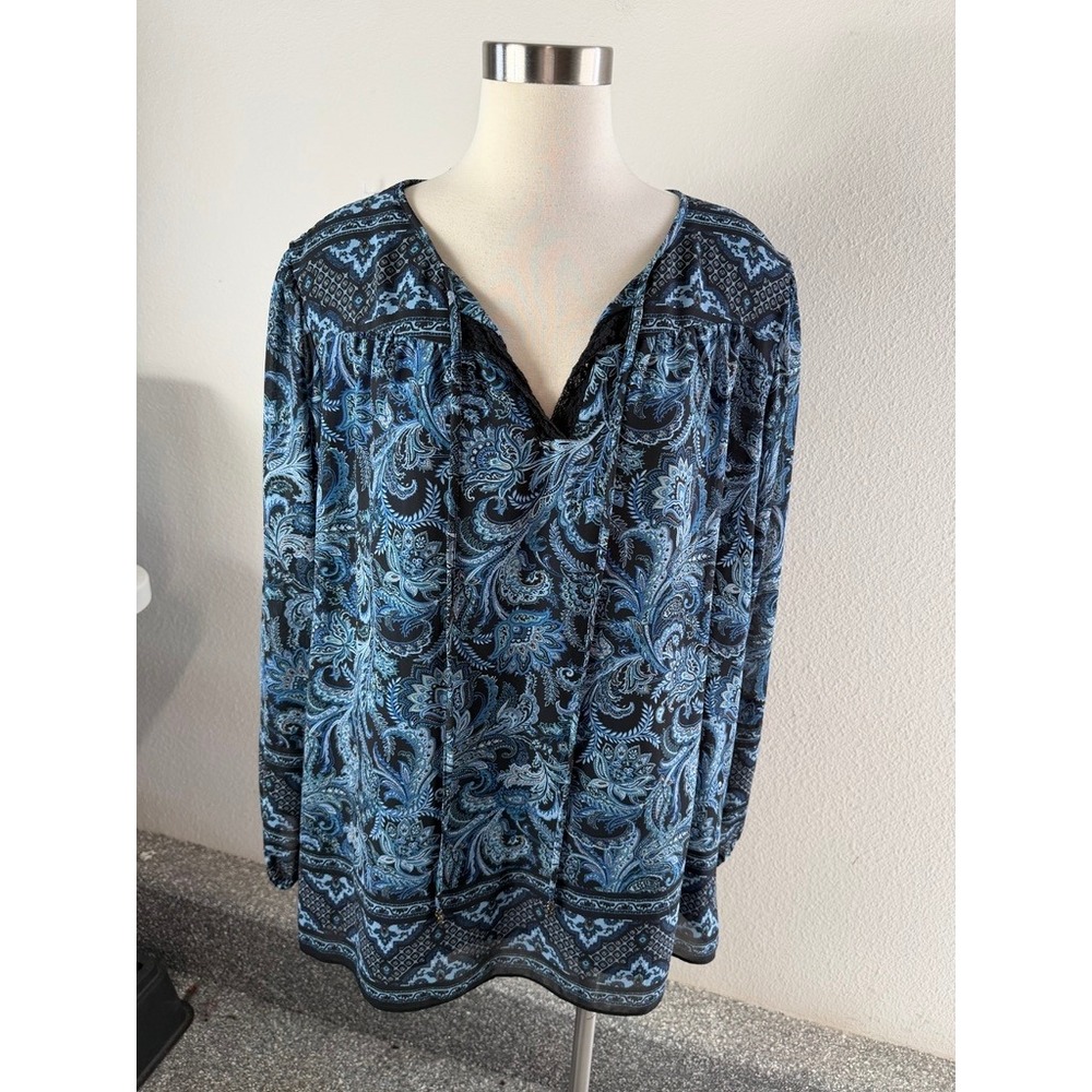 Belle by Kim Gravel Womens Plus 2X Blue Paisley Lined Blouse V Neck Tunic Top